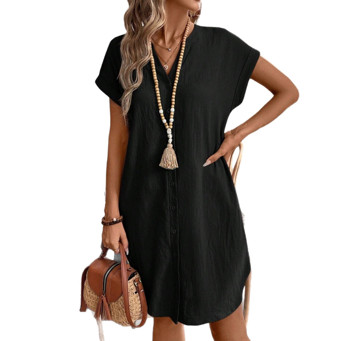 Single-Breasted V-Neck Dress