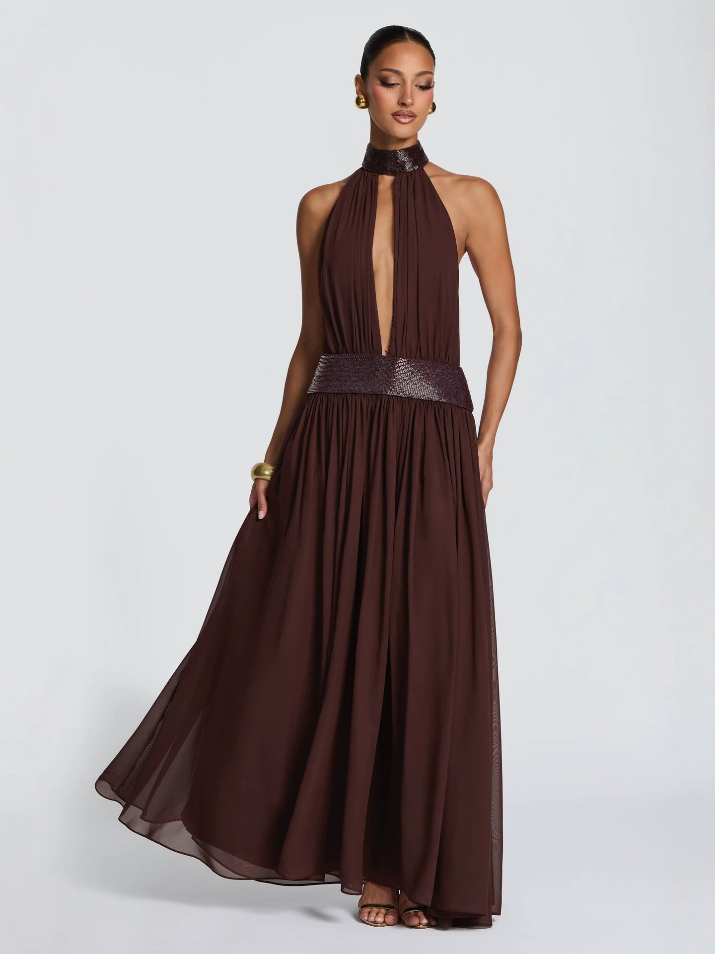 Sequin-Trim Backless Chiffon Dress