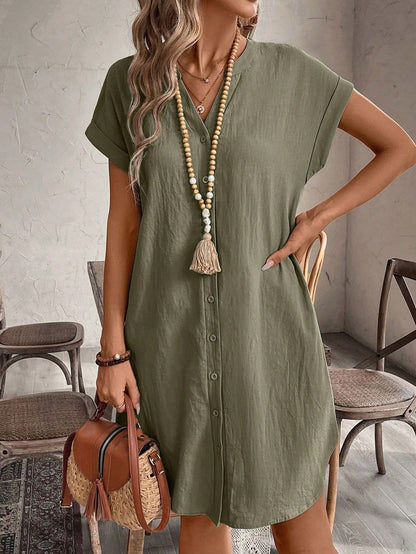 Single-Breasted V-Neck Dress