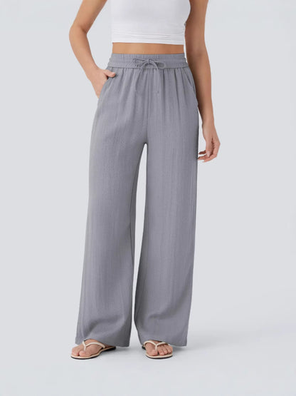 High Waisted Drawstring Pocket Wide Leg Casual Linen-Feel Trousers