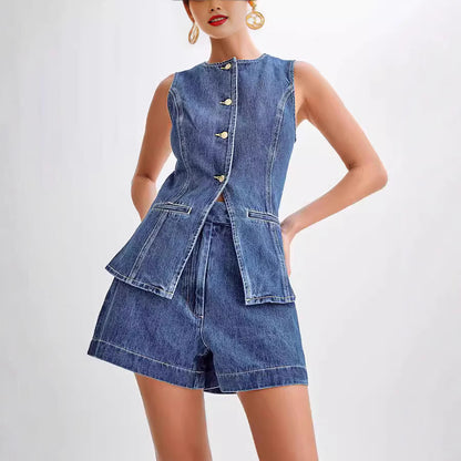 Fashionable and casual sleeveless high-waisted women's denim shorts