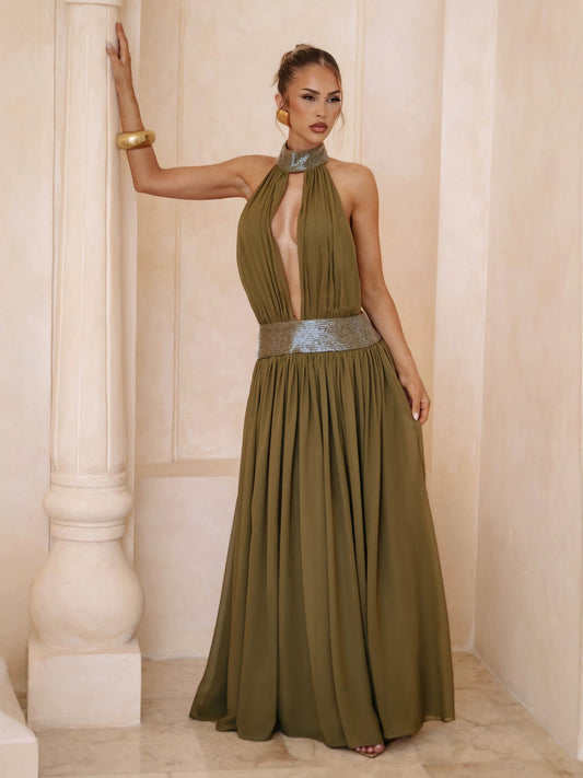 Sequin-Trim Backless Chiffon Dress