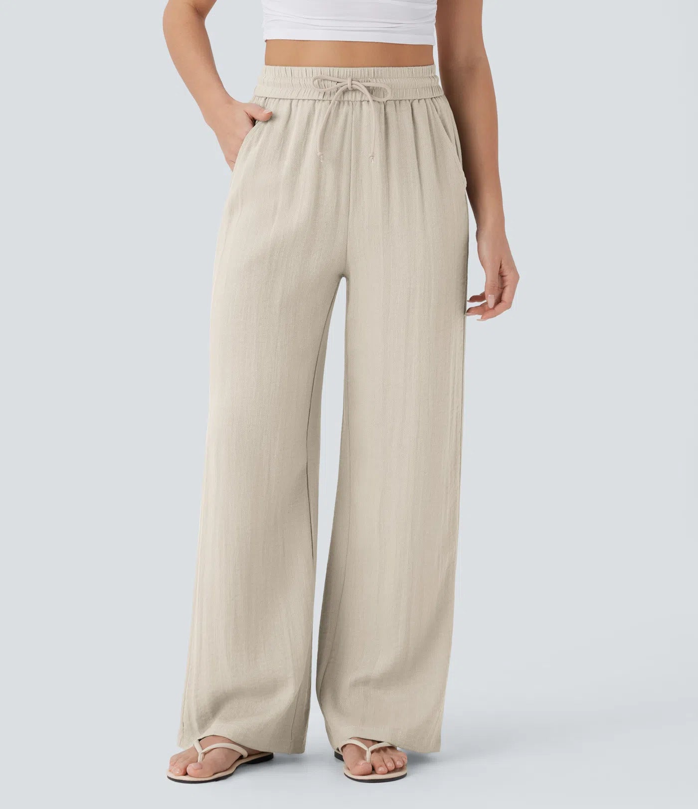 High Waisted Drawstring Pocket Wide Leg Casual Linen-Feel Trousers