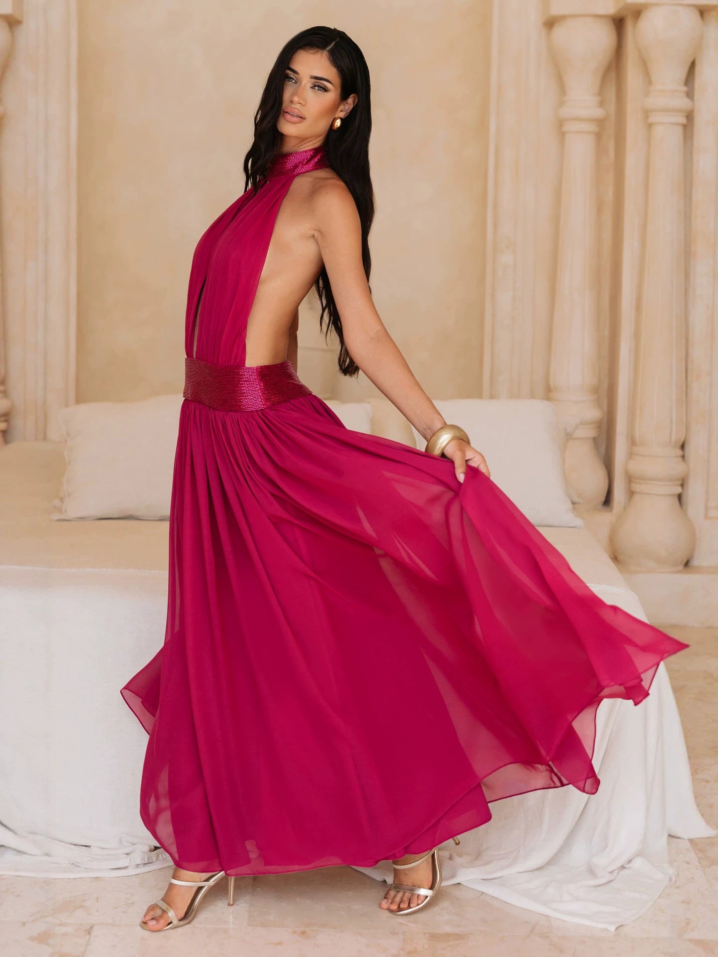 Sequin-Trim Backless Chiffon Dress