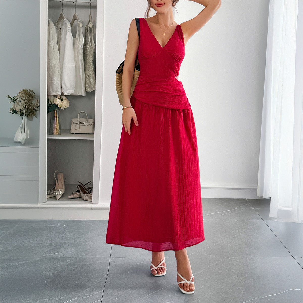 Deep V-Neck A-Line Dress