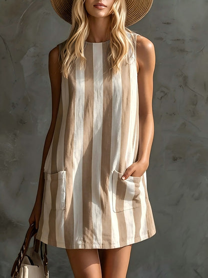 Retro Striped Cotton-Linen Dress