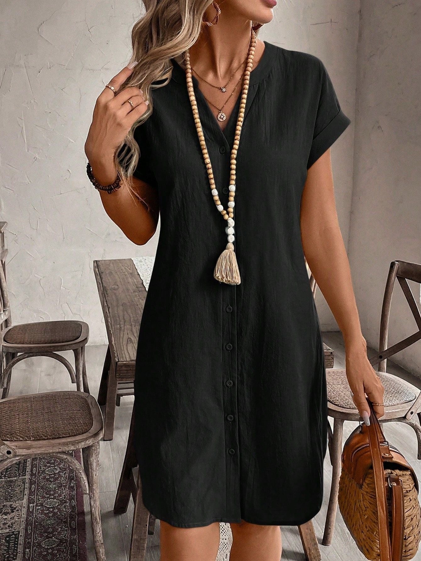 Single-Breasted V-Neck Dress