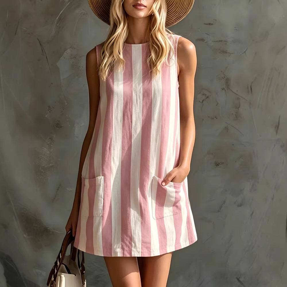 Retro Striped Cotton-Linen Dress