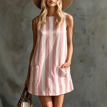 Retro Striped Cotton-Linen Dress