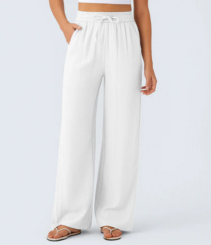 High Waisted Drawstring Pocket Wide Leg Casual Linen-Feel Trousers