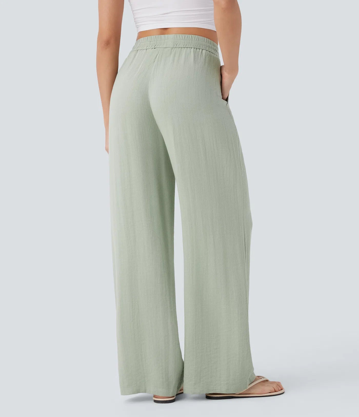 High Waisted Drawstring Pocket Wide Leg Casual Linen-Feel Trousers