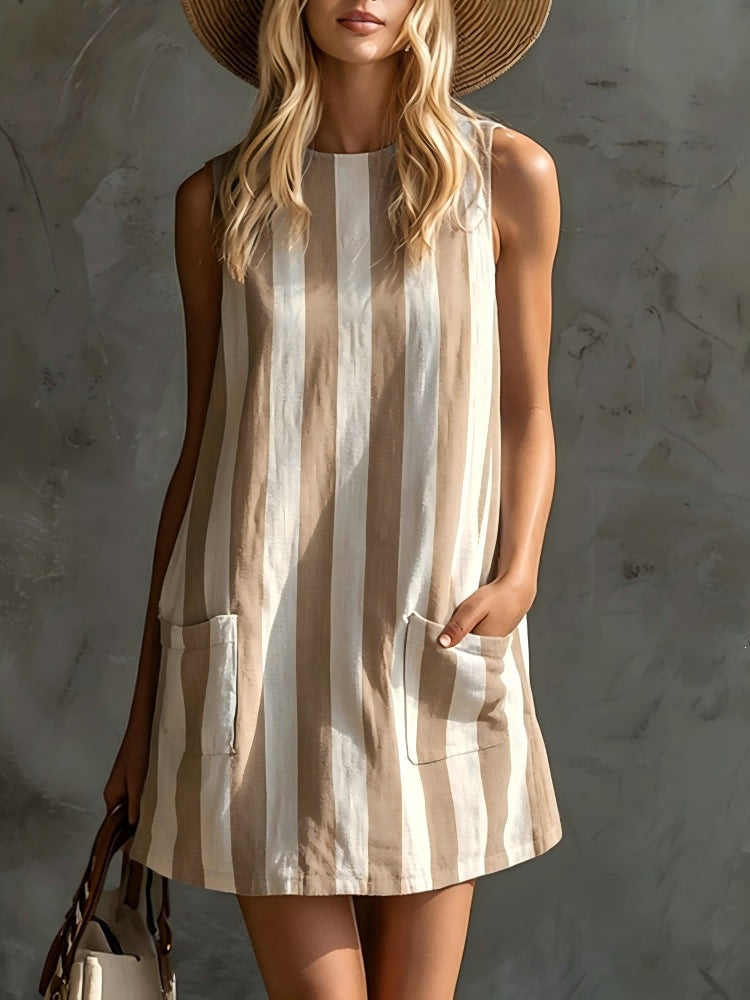 Retro Striped Cotton-Linen Dress