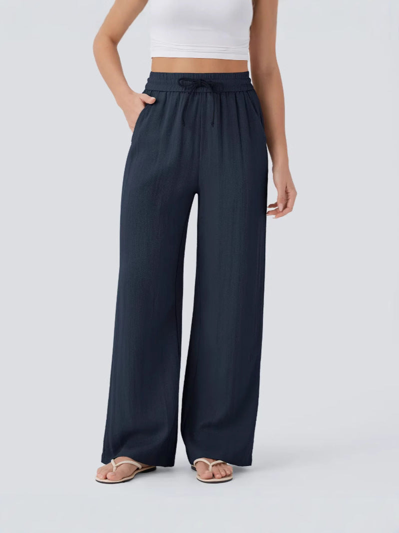 High Waisted Drawstring Pocket Wide Leg Casual Linen-Feel Trousers