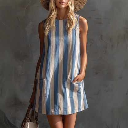 Retro Striped Cotton-Linen Dress