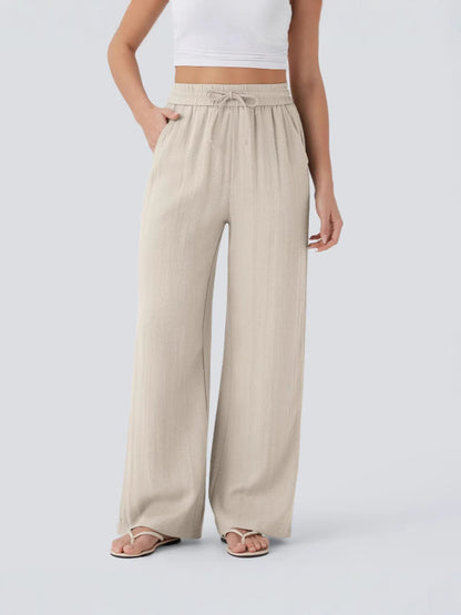 High Waisted Drawstring Pocket Wide Leg Casual Linen-Feel Trousers