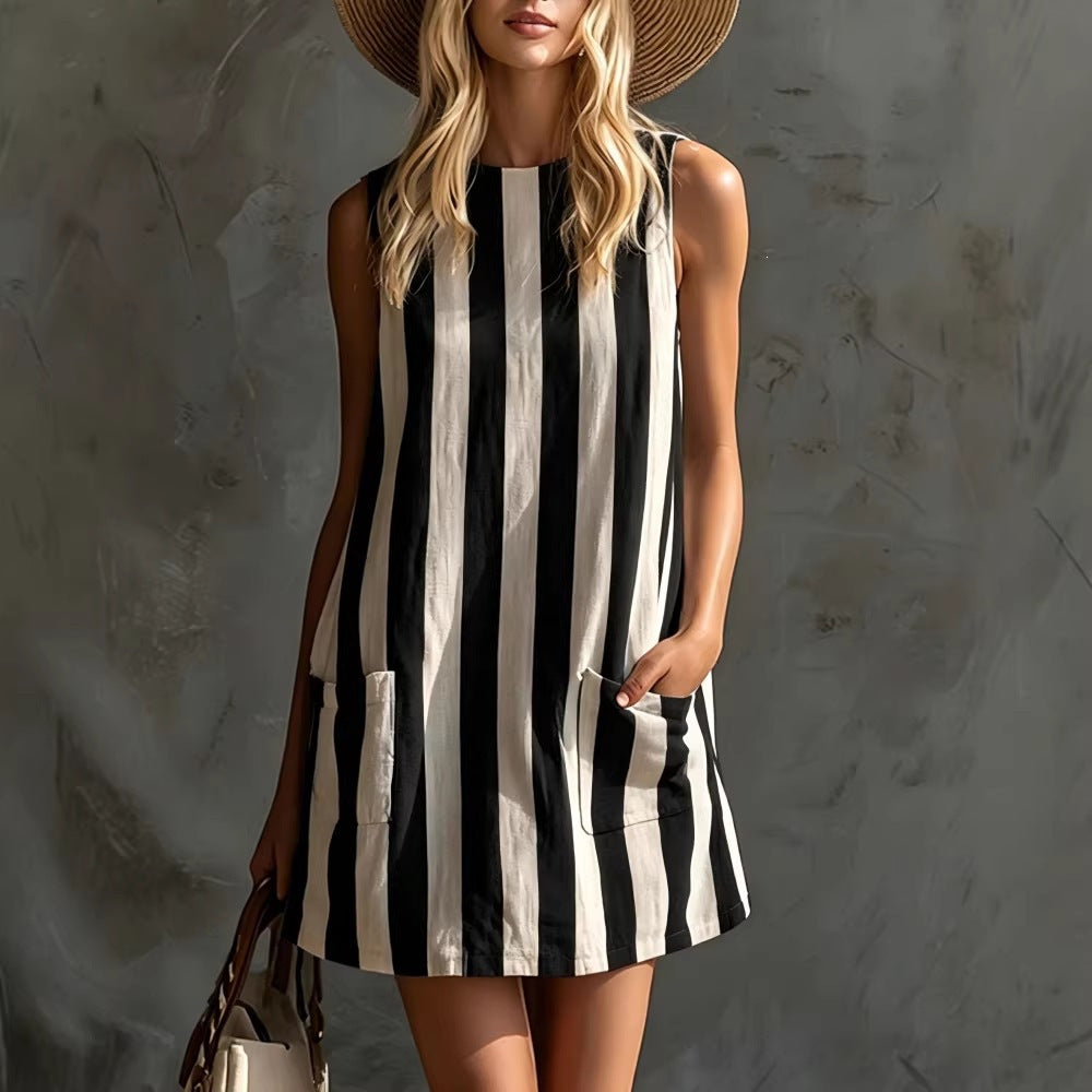 Retro Striped Cotton-Linen Dress