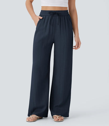 High Waisted Drawstring Pocket Wide Leg Casual Linen-Feel Trousers