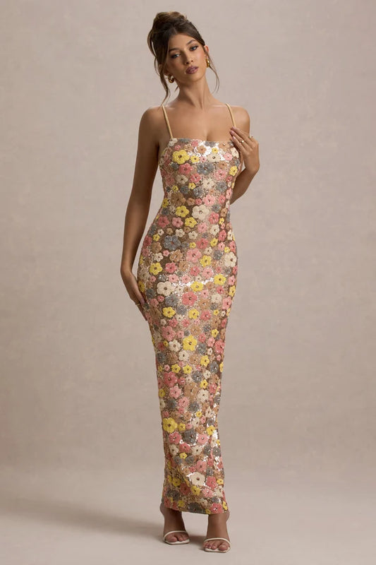 Pastel Floral Print Embellished Sequin Square-Neck Maxi Dress