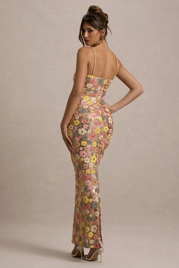 Pastel Floral Print Embellished Sequin Square-Neck Maxi Dress