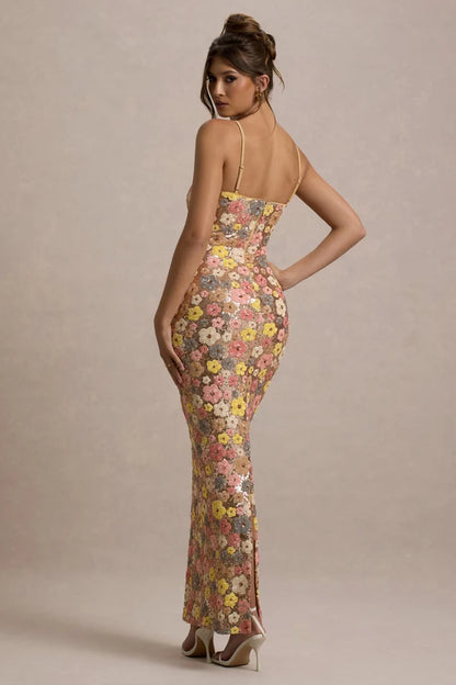 Pastel Floral Print Embellished Sequin Square-Neck Maxi Dress
