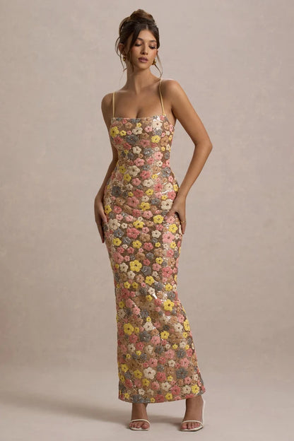 Pastel Floral Print Embellished Sequin Square-Neck Maxi Dress