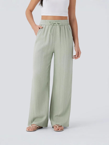 High Waisted Drawstring Pocket Wide Leg Casual Linen-Feel Trousers