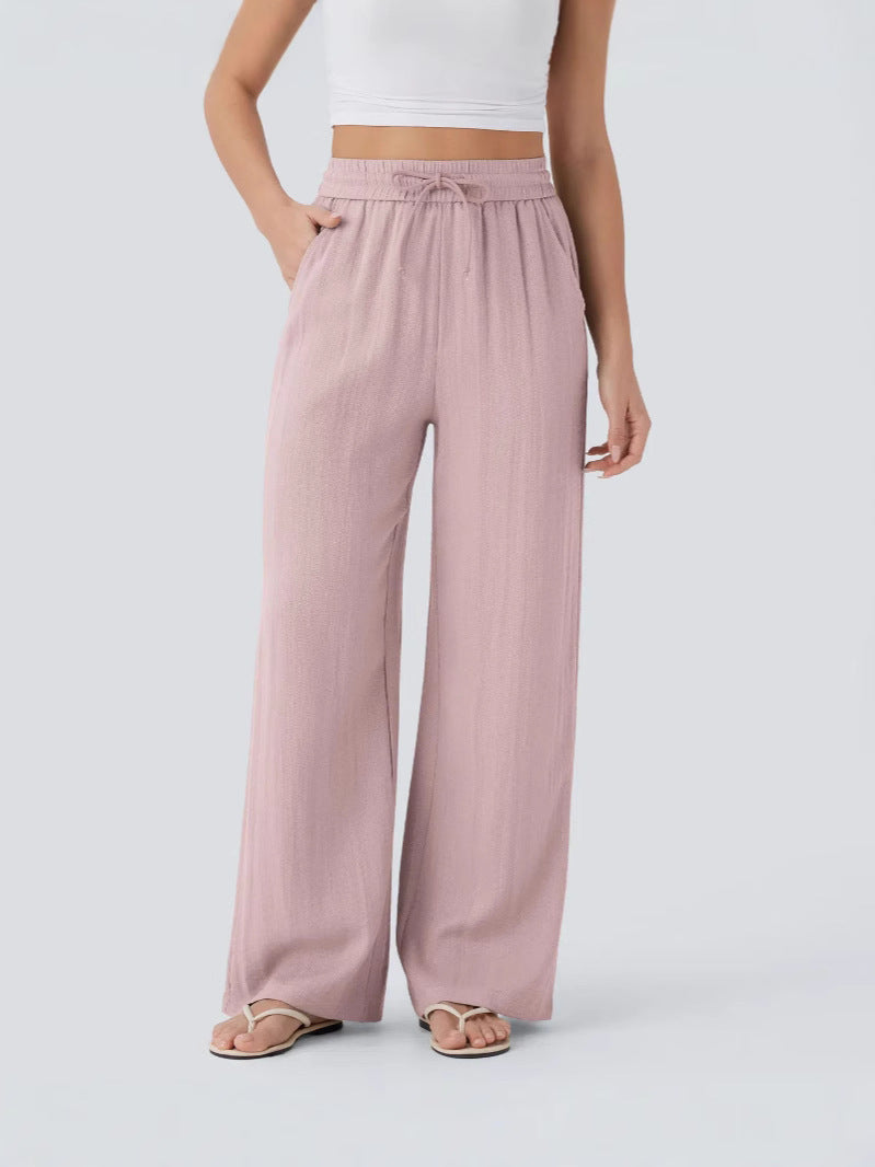 High Waisted Drawstring Pocket Wide Leg Casual Linen-Feel Trousers