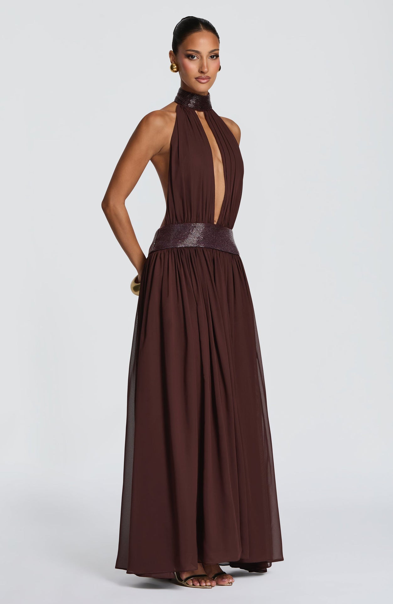 Sequin-Trim Backless Chiffon Dress