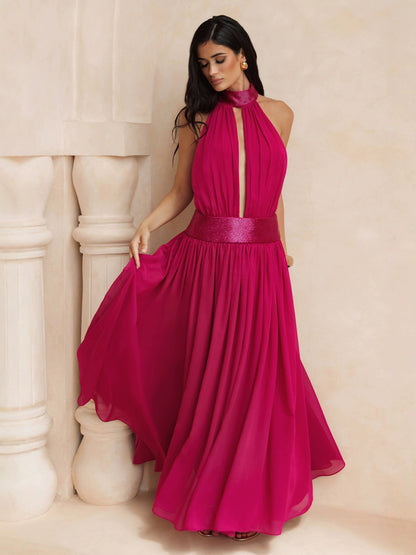 Sequin-Trim Backless Chiffon Dress