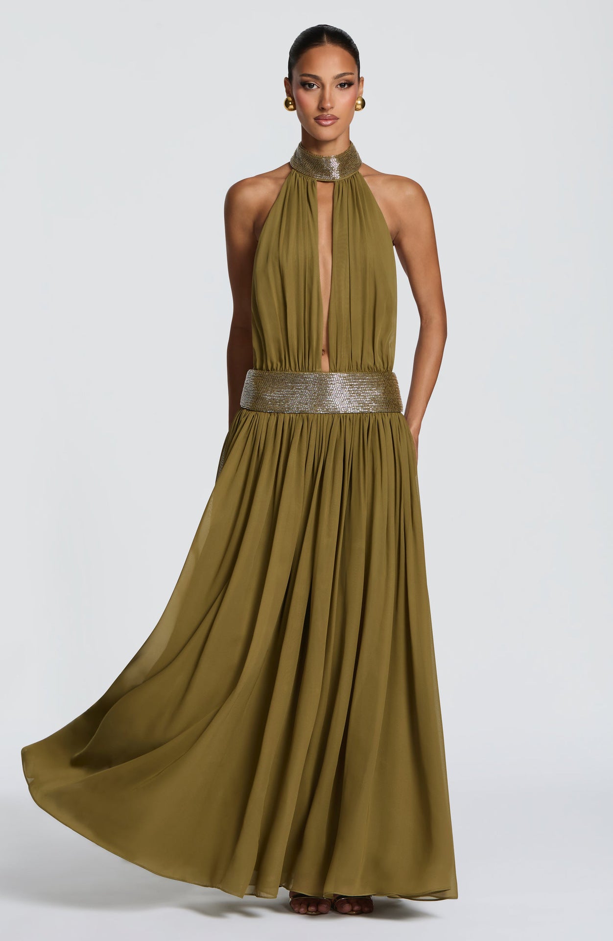 Sequin-Trim Backless Chiffon Dress