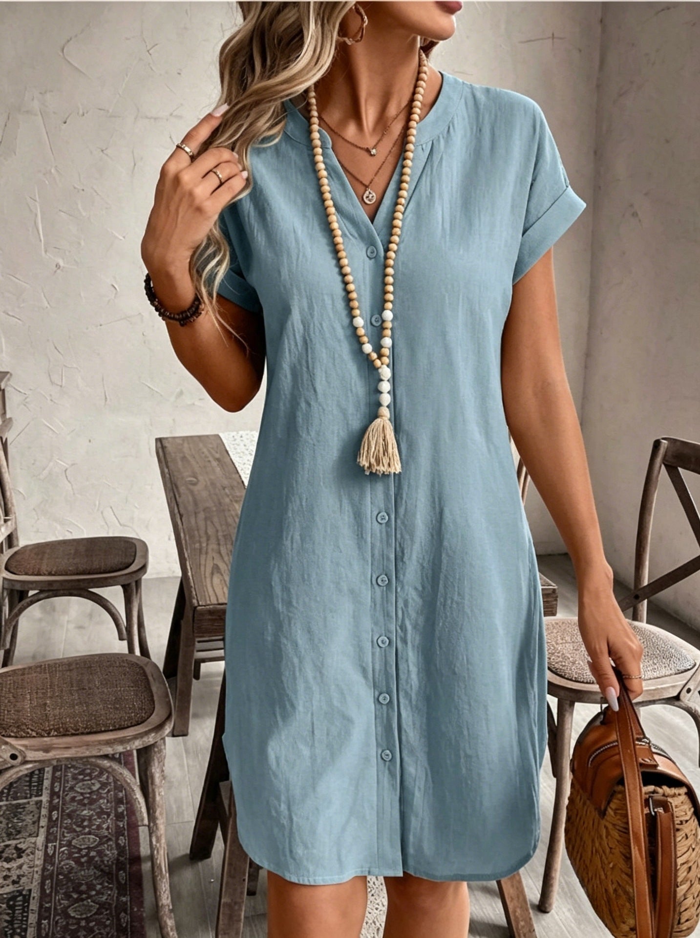 Single-Breasted V-Neck Dress