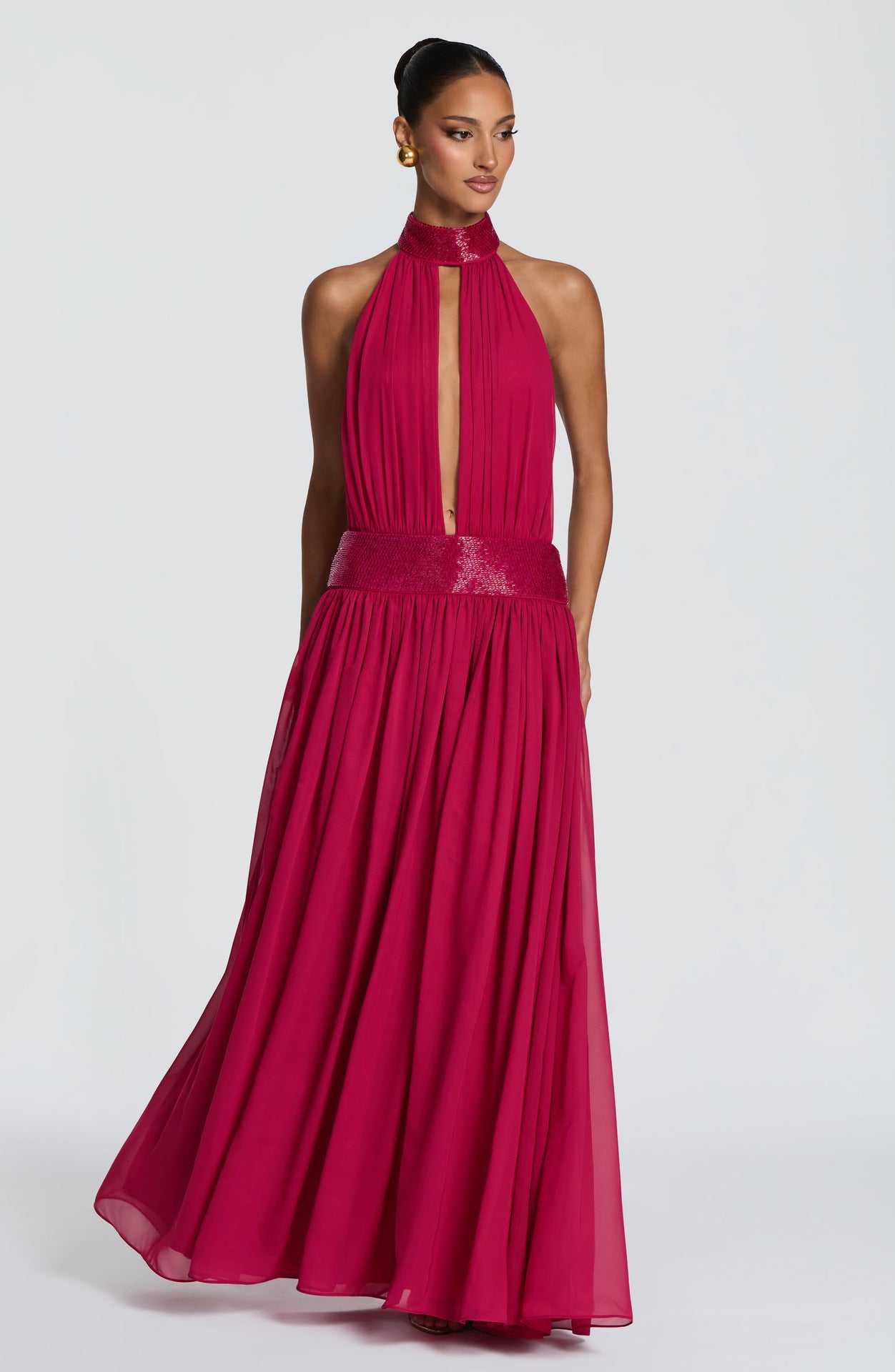 Sequin-Trim Backless Chiffon Dress