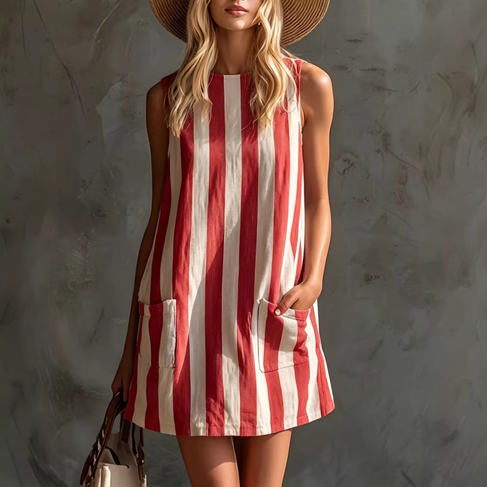 Retro Striped Cotton-Linen Dress