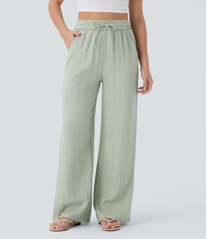High Waisted Drawstring Pocket Wide Leg Casual Linen-Feel Trousers