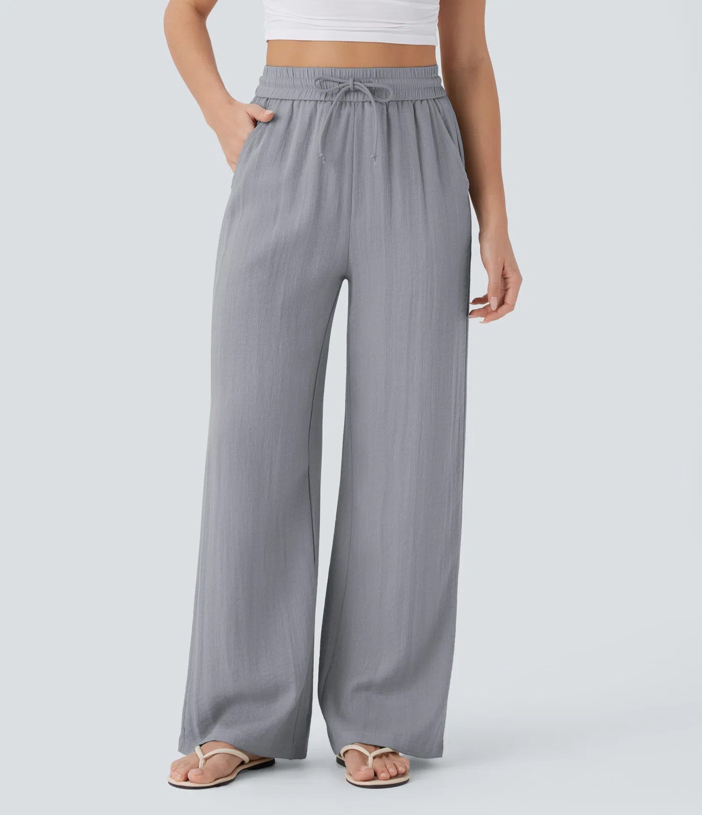 High Waisted Drawstring Pocket Wide Leg Casual Linen-Feel Trousers