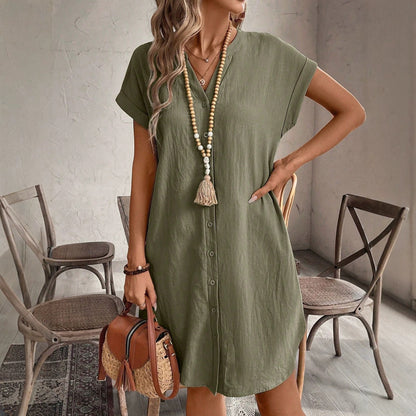 Single-Breasted V-Neck Dress