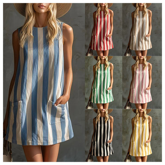 Retro Striped Cotton-Linen Dress