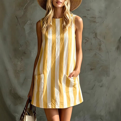 Retro Striped Cotton-Linen Dress
