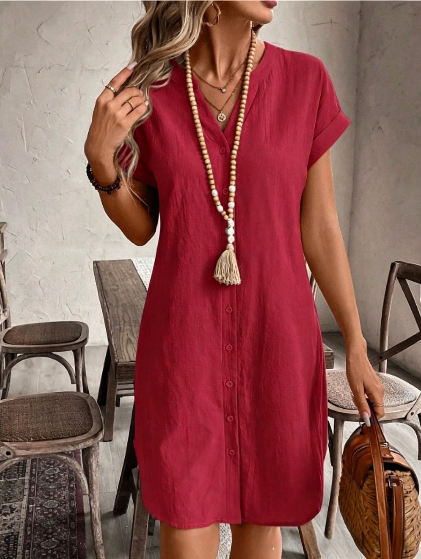 Single-Breasted V-Neck Dress