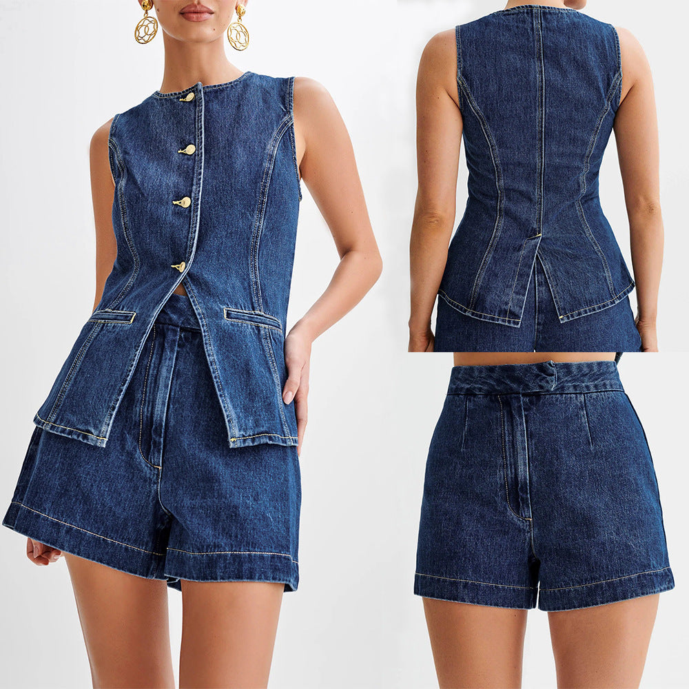 Fashionable and casual sleeveless high-waisted women's denim shorts