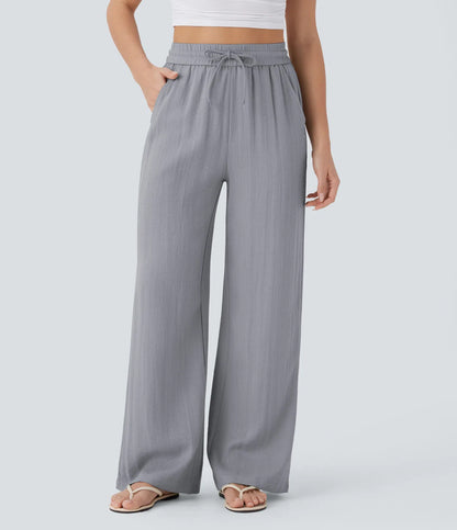 High Waisted Drawstring Pocket Wide Leg Casual Linen-Feel Trousers
